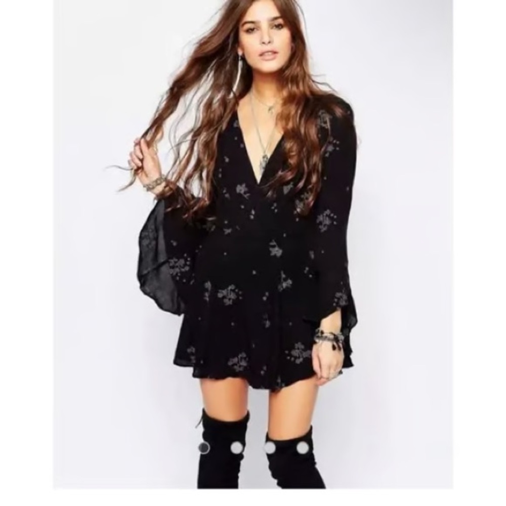 Anthropologie Free People Jasmine Black Embroidered Bell Sleeve Mini Dress 4